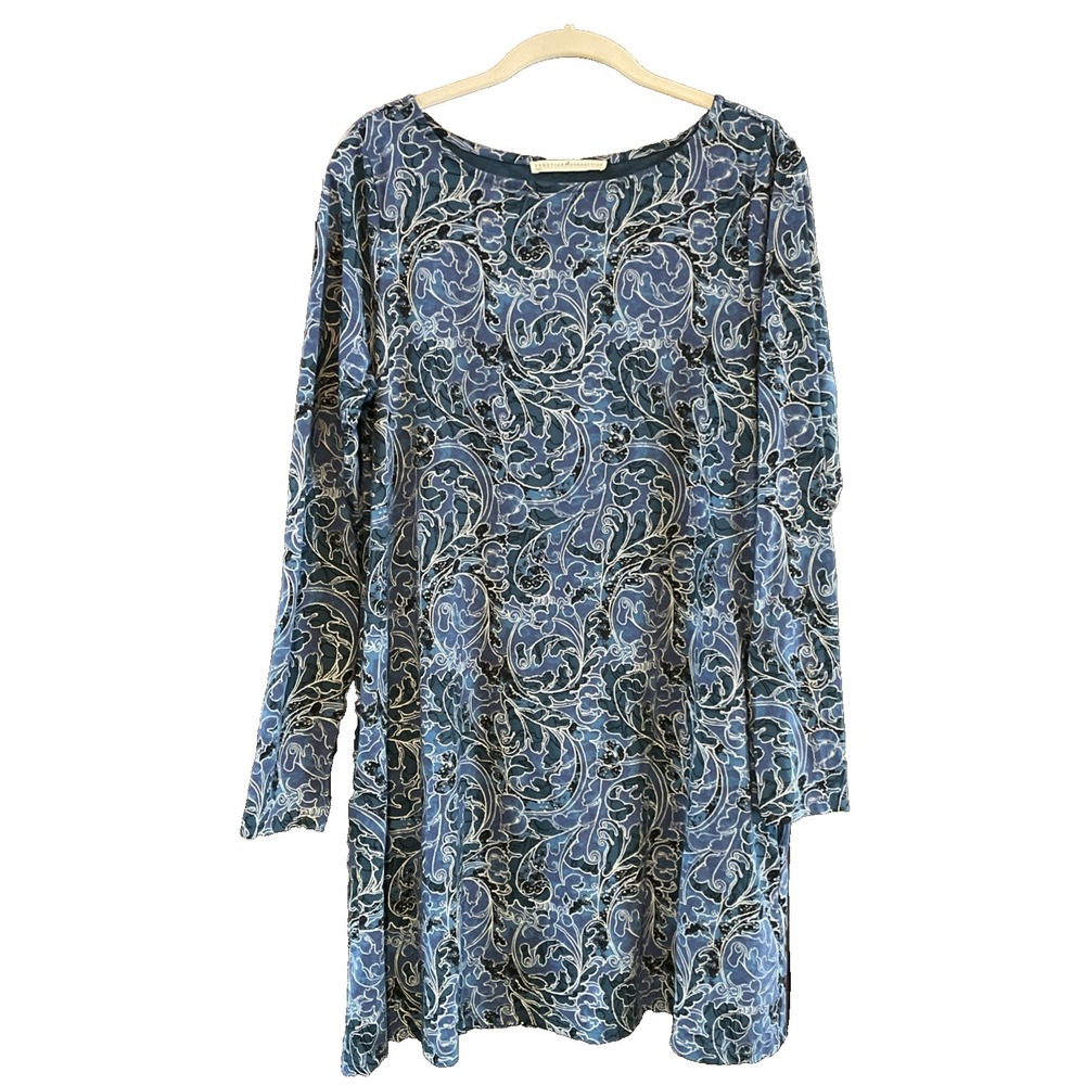 Peruvian Connection Teal Blue Paisley Pima Cotton Cozy Dress Sz Large Long Sleev